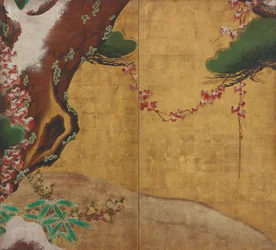 Pine Tree, Autumn Foliage, Flowers and Snow